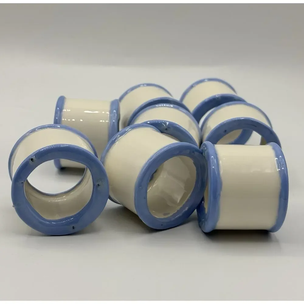 Set of 8 White Blue Stripe Bistro NAPKIN RINGS Ceramic Cottagecore